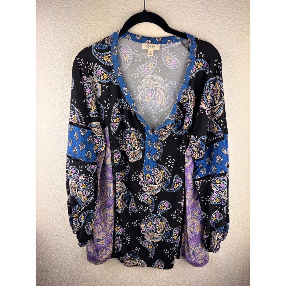 Style Co Paisley Print V Neck Blouse Top 2X Boho Peasant Prairie Festive